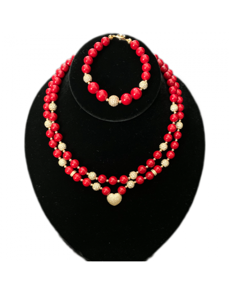 Red Fossil With Gold Pave Heart Necklace Set